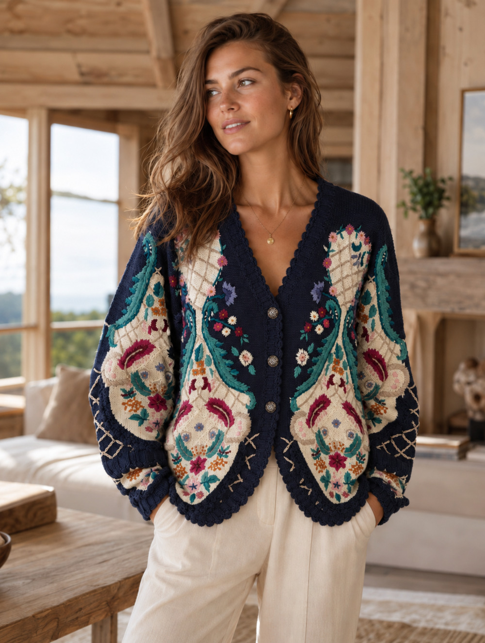 VTG Jennifer Reed Hand Knit Womens Floral Button Cardigan Large Fisherman Artsy